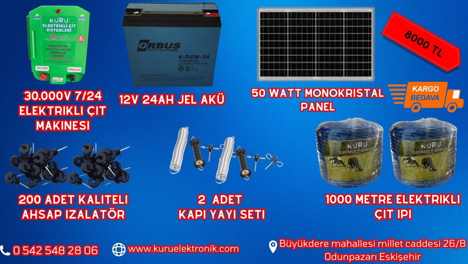 30.000 V ELEKTRİKLİ ÇİT MAKİNESİ 50 WATT Güneş Panelli ve  12 V 24 AMPER Jel Akülü Elektrikli Çit Sistem Seti