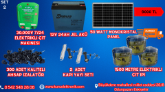 30.000 V ELEKTRİKLİ ÇİT MAKİNESİ / 24 AMPER JEL AKÜ /50 WATT MONOKRİSTAL GÜNEŞ PANELİ /1500 METRE İP/ 300 ADET İZALATÖR LÜ SET