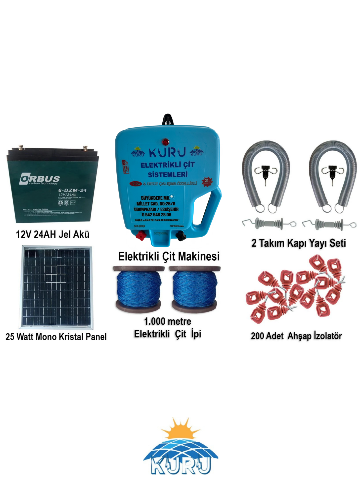 30.000 V SENSÖRLÜ ELEKTRİKLİ ÇİT MAKİNESİ / 24 AMPER JEL AKÜ /25 WATT MONOKRİSTAL GÜNEŞ PANELİ /1000 METRE İP/ 200 ADET İZALATÖR LÜ SET 3