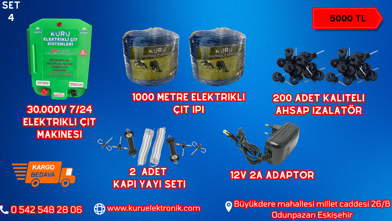 30.000 V SENSÖRLÜ ELEKTRİKLİ ÇİT MAKİNESİ /12 V 2 AMPER ADAPTÖR /1000 METRE İP/ 2 ADET KAPI YAYI SETİ /200 ADET İZALATÖR LÜ SET 4