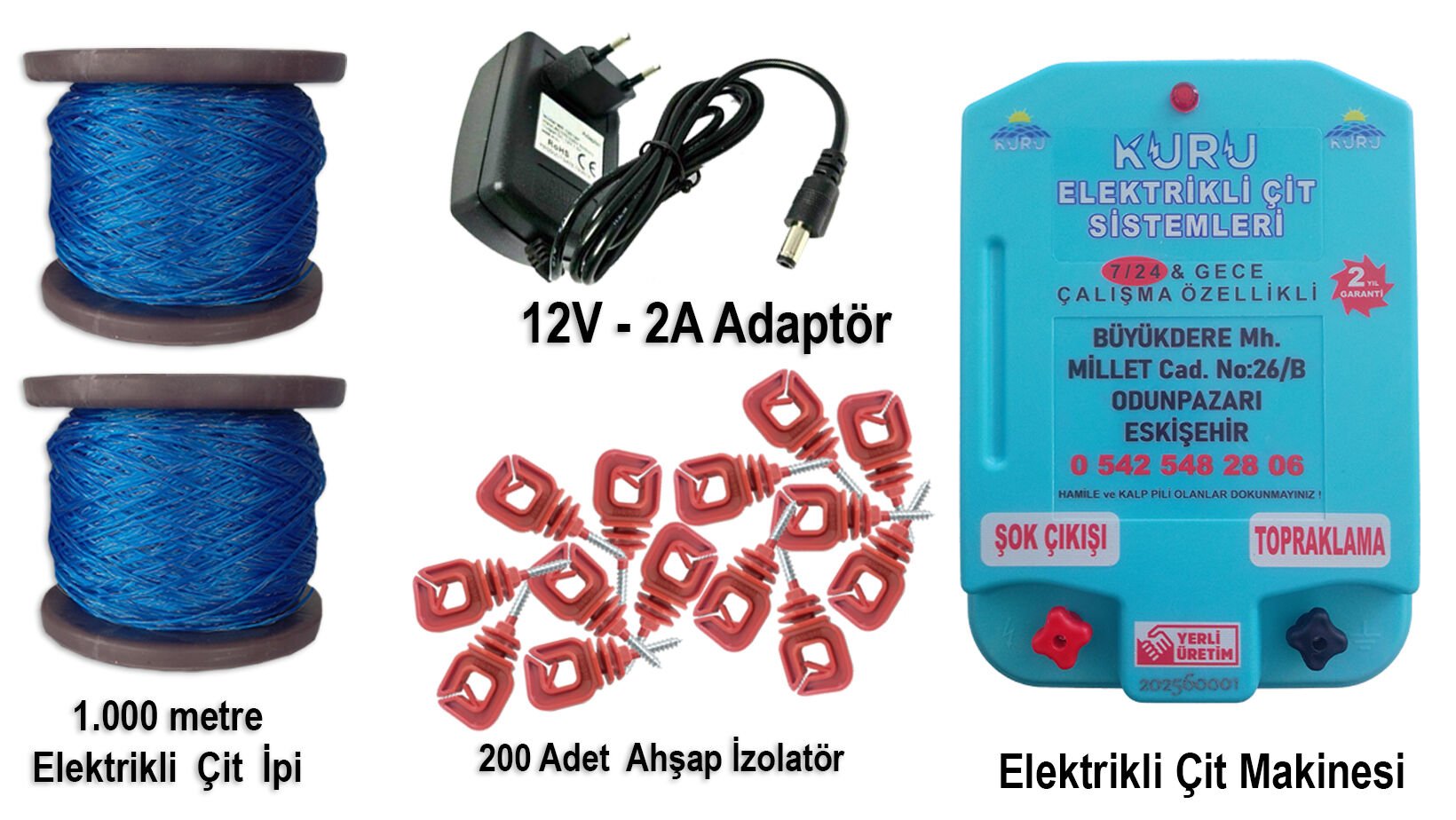 30.000 V SENSÖRLÜ ELEKTRİKLİ ÇİT MAKİNESİ /12 V 2 AMPER ADAPTÖR /1000 METRE İP/200 ADET İZALATÖR LÜ SET 5
