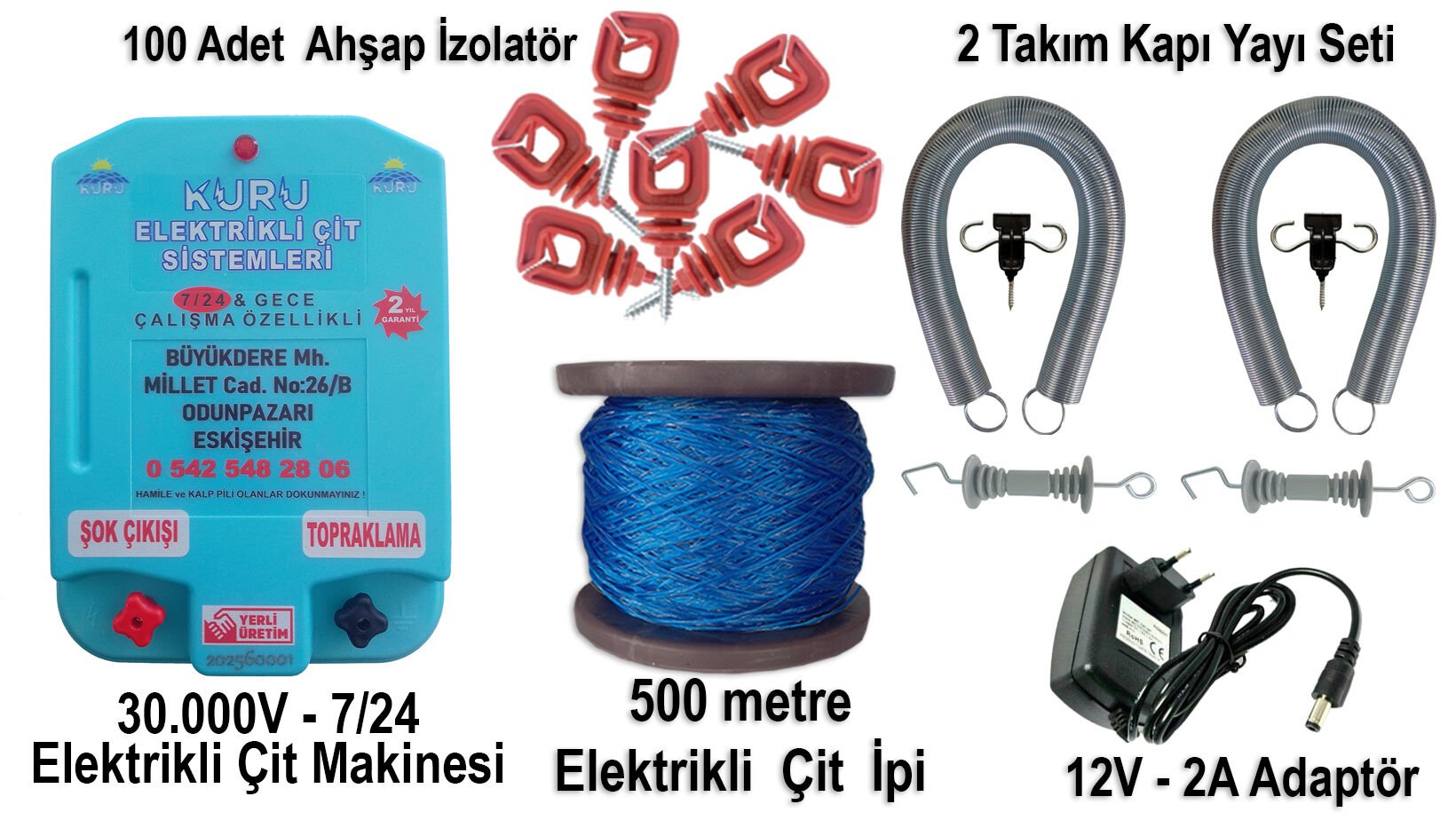 30.000 V SENSÖRLÜ ELEKTRİKLİ ÇİT MAKİNESİ /12 V 2 AMPER ADAPTÖR /2 ADET KAPI YAYI /500 METRE ÇİT İP/100 ADET İZALATÖR LÜ SET 6
