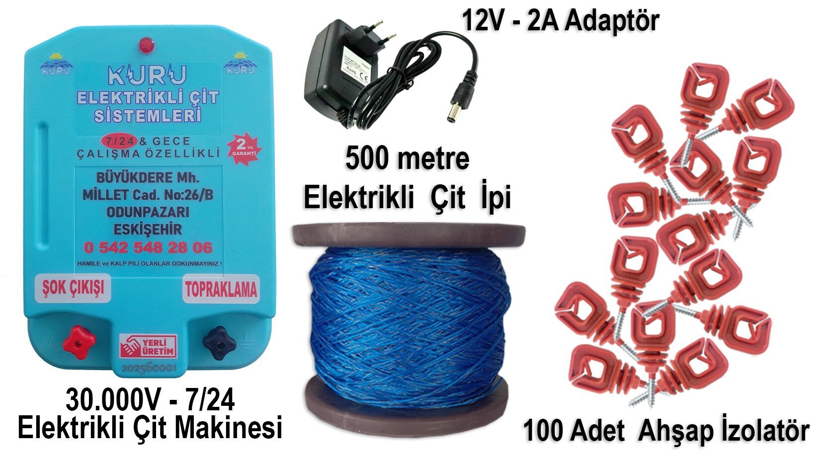 30.000 V SENSÖRLÜ ELEKTRİKLİ ÇİT MAKİNESİ /12 V 2 AMPER ADAPTÖR /500 METRE ÇİT İP/100 ADET İZALATÖR LÜ SET 7
