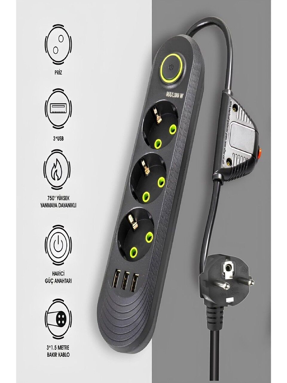 Akım Korumalı Priz 3'lü 1.5 Metre 3 Usb Vea VA-21557